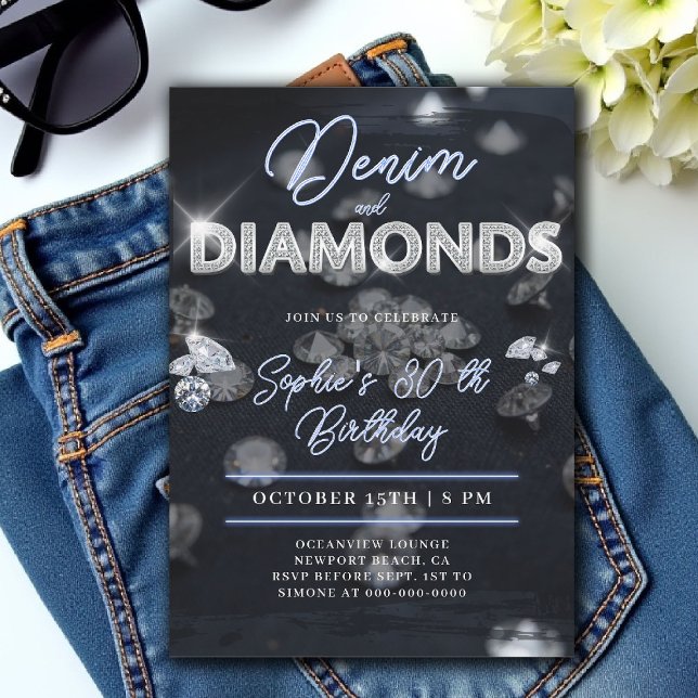 Denim Diamonds Glam Glow Classy 30th Birthday Invitation (denim and diamonds 30th birthday party invite glam script glitz bling sparkle blue white glow)
