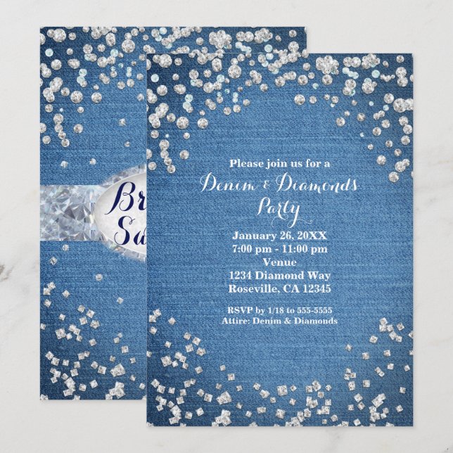 Denim & Diamonds Glam Scattered Bling Invitations (Front/Back)