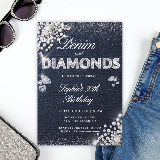 Denim Diamonds Glam Type Classy 30th Birthday Invitation (denim and diamonds 30th birthday invite glam text bling sparkle blue white)