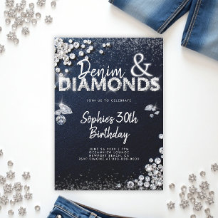 Denim Diamonds Glam Type Elegant 30th Birthday Invitation