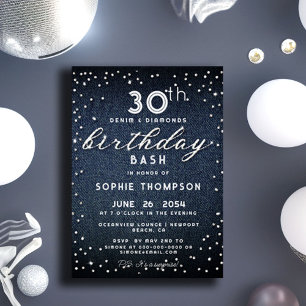 Denim Diamonds Glitter Any Age Chic Birthday Party Invitation