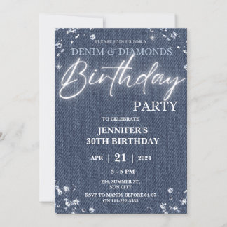 Denim Diamonds Glitter Bling Elegant Birthday Invitation