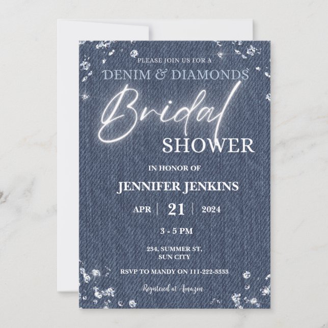 Denim Diamonds Glitter Bling Elegant Bridal Shower Invitation (Front)