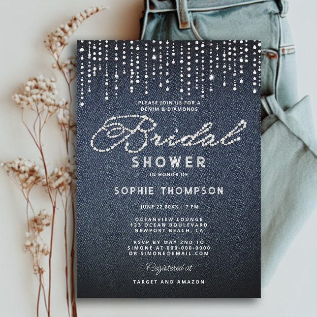 Denim Diamonds Glitter Drips Elegant Bridal Shower Invitation (denim diamonds glitter drips bridal shower invitation modern classy simple elegant calligraphy blue)