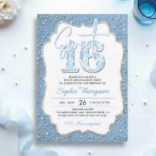 Denim Diamonds Glitter Elegant Frame Sweet 16 Invitation