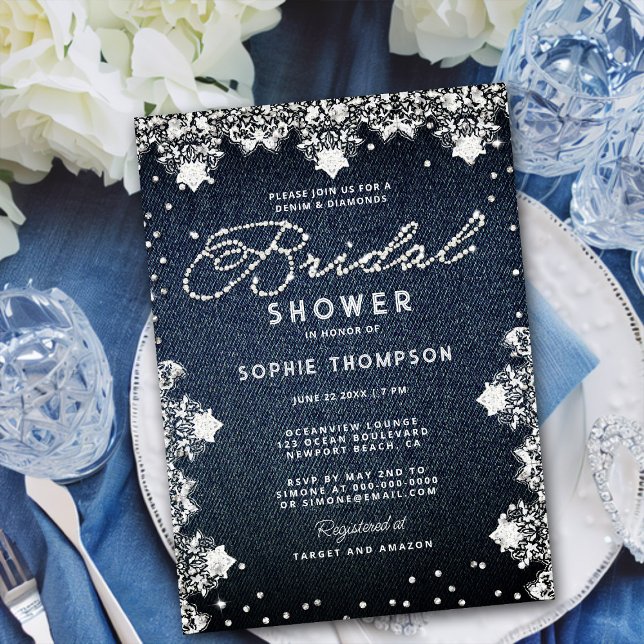 Denim Diamonds Glitter Lace Elegant Bridal Shower Invitation (Creator Uploaded)