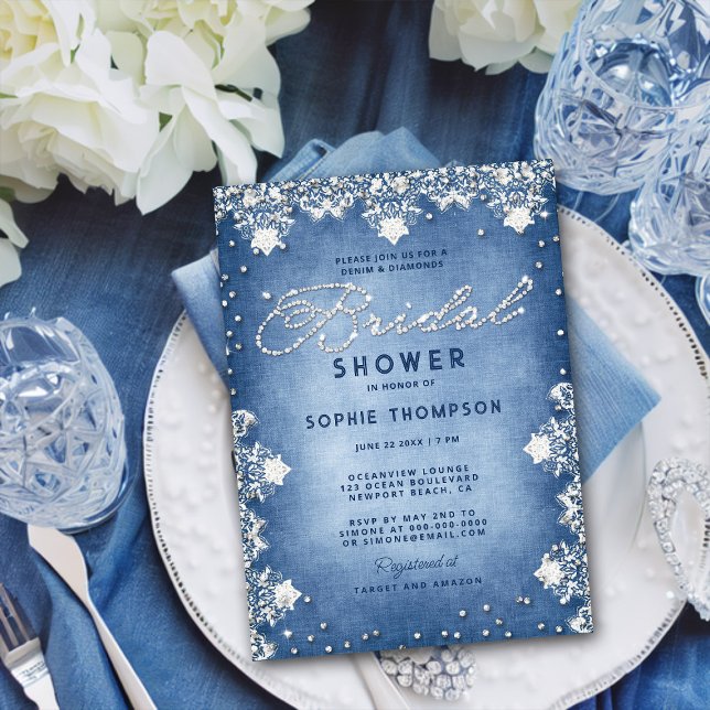 Denim Diamonds Glitter Lace Modern Bridal Shower Invitation (Creator Uploaded)