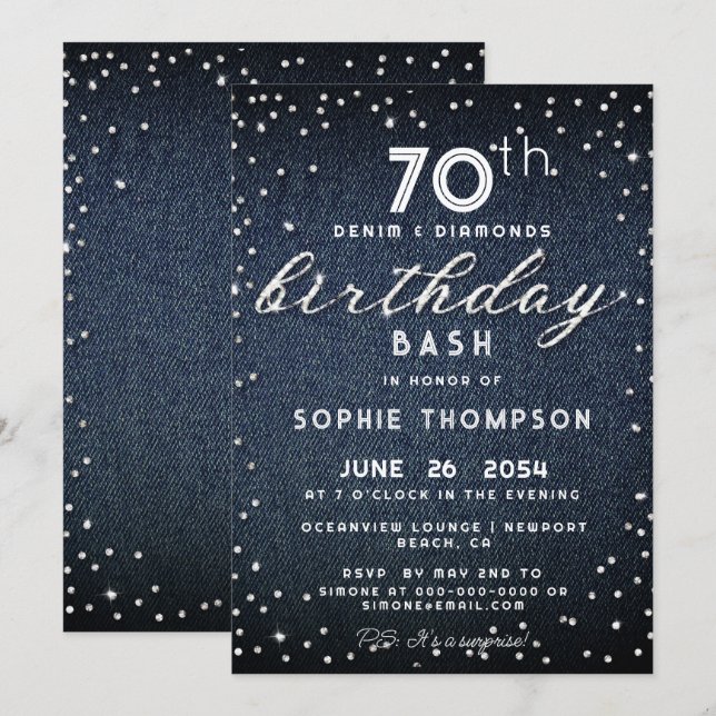 Denim Diamonds Glitter Modern 70th Birthday Party Invitation (Front/Back)