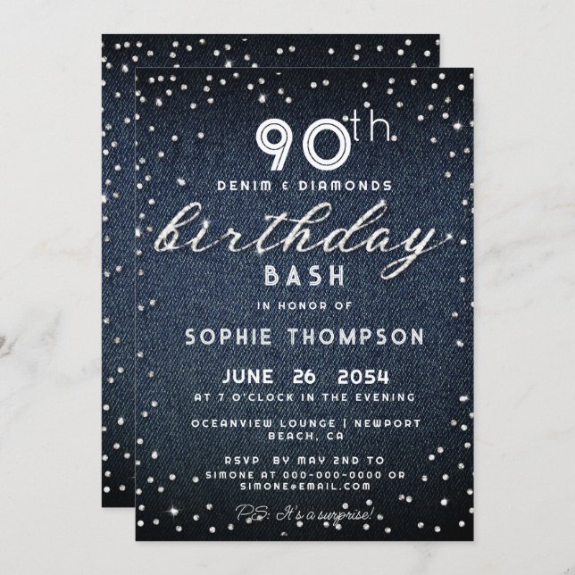 Denim Diamonds Glitter Modern 90th Birthday Party Invitation (Front/Back)