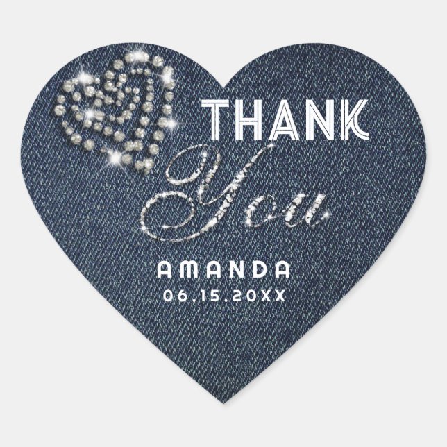 Denim Diamonds Glitter Rhinestone Heart Thank You Heart Sticker (Front)