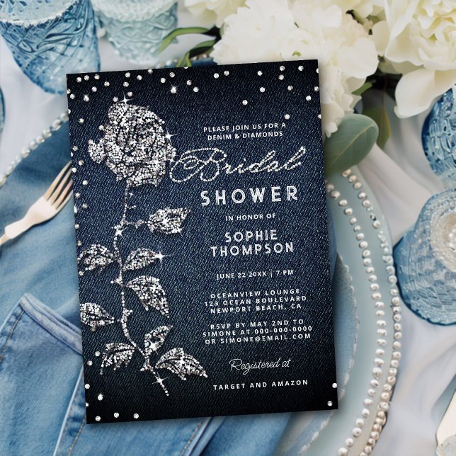 Denim Diamonds Glitter Rose Blue Bridal Shower Invitation (Creator Uploaded)