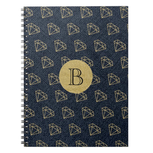 Denim & Diamonds Gold & Blue Glamour Bling Spiral Notebook (Front)