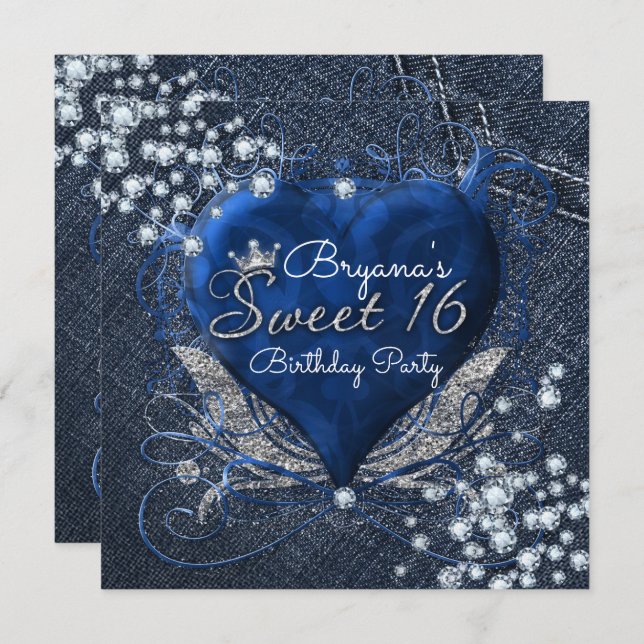Denim & Diamonds Heart Sweet 16 Party Invitations (Front/Back)