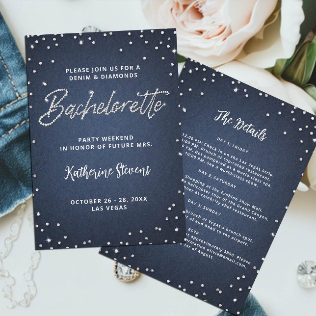 Denim Diamonds Itinerary Blue Bachelorette Party Invitation (denim and diamonds bachelorette invitation itinerary glitter bling glitz glam blue white classy chic)