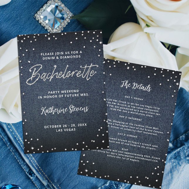 Denim Diamonds Itinerary Classy Bachelorette Party Invitation (denim and diamonds bachelorette invitation itinerary glitter bling glitz glam blue white classy)