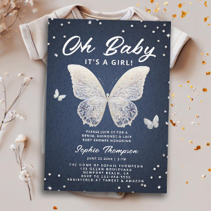Denim Diamonds Lace Butterfly Oh Baby Girl Shower Invitation