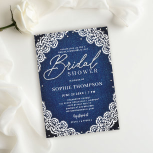 Denim Diamonds Lace Elegant Blue Bridal Shower Invitation