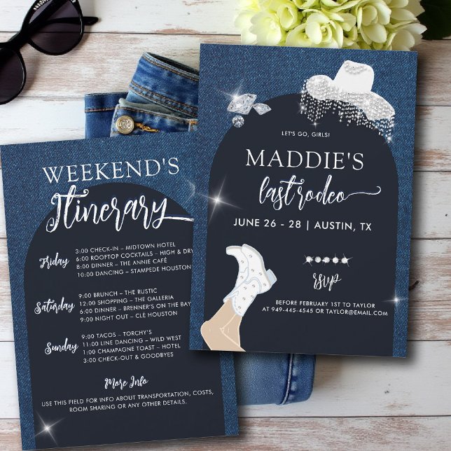 Denim Diamonds Lets Go Girls Arch Bachelorette Invitation (denim and diamonds bachelorette party invite last rodeo glam bling lets go girls itinerary arch)
