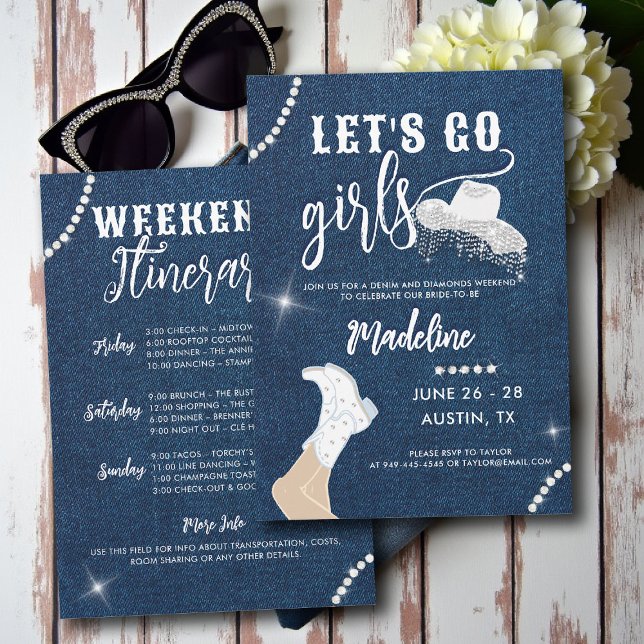Denim Diamonds Lets Go Girls Glam Bachelorette Invitation (denim and diamonds bachelorette party invite last rodeo glam bling lets go girls itinerary)