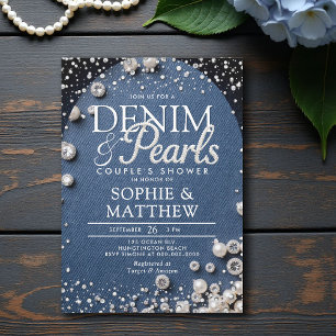 Denim Diamonds Pearls Blue Arch Chic Couple Shower Invitation