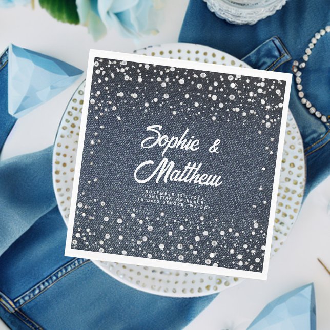 Denim Diamonds Pearls Blue Couple Wedding Shower Napkin (denim pearls couple wedding shower personalized napkin blue jeans white coed his hers jack jill chic)