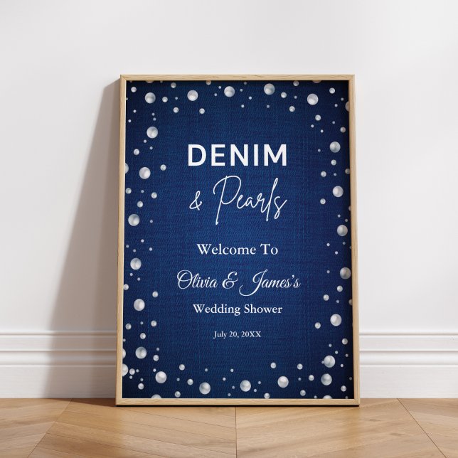 Denim Diamonds Pearls Blue Couple's Shower Welcome Poster (Denim Diamonds Pearls Blue Couple's Shower Welcome Sign )