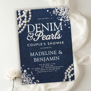 Denim Diamonds Pearls Blue White Couple Shower Invitation