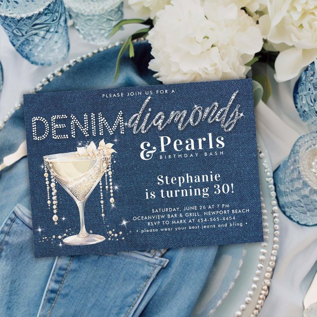 Denim Diamonds Pearls Champagne Blue Chic Birthday Invitation (denim diamonds pearls birthday party invitation template classy elegant country rustic champagne)