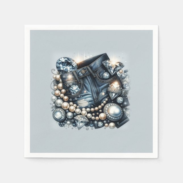 Denim Diamonds & Pearls Jeans Bling Party Napkin (Front)