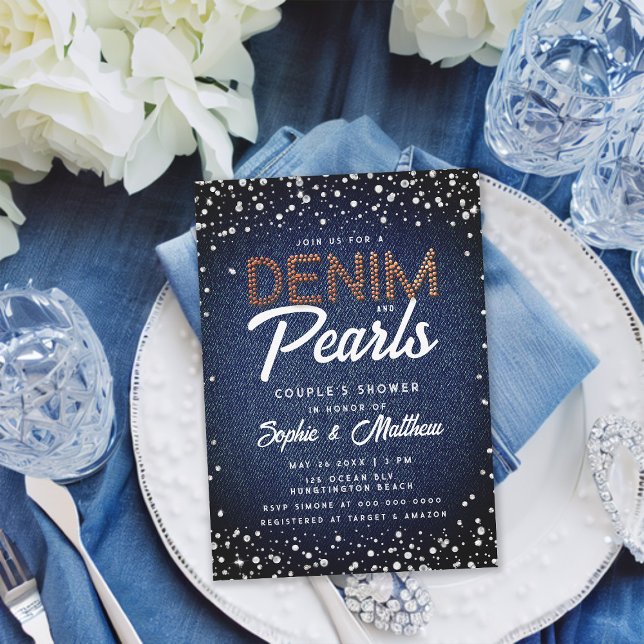 Denim Diamonds Pearls Modern Elegant Couple Shower Invitation (denim diamonds pearls couple wedding shower invitation blue brown brass elegant classy rustic chic)