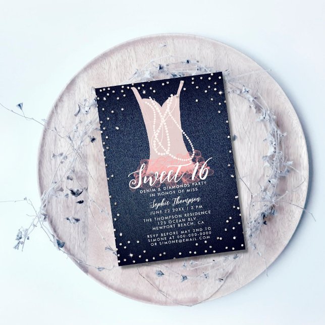 Denim Diamonds Pearls Tutu Sweet 16 Birthday Party Invitation (Creator Uploaded)