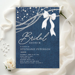 Denim Diamonds Pearls White Bow Bridal Shower Invitation