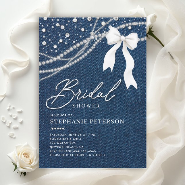 Denim Diamonds Pearls White Bow Bridal Shower Invitation (denim and diamonds bridal shower invitations template blue white bow western country rustic)