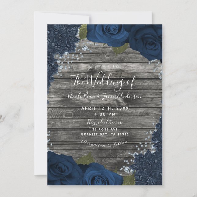 Denim Diamonds Roses Rustic Wood Cream Lace  Invitation (Front)