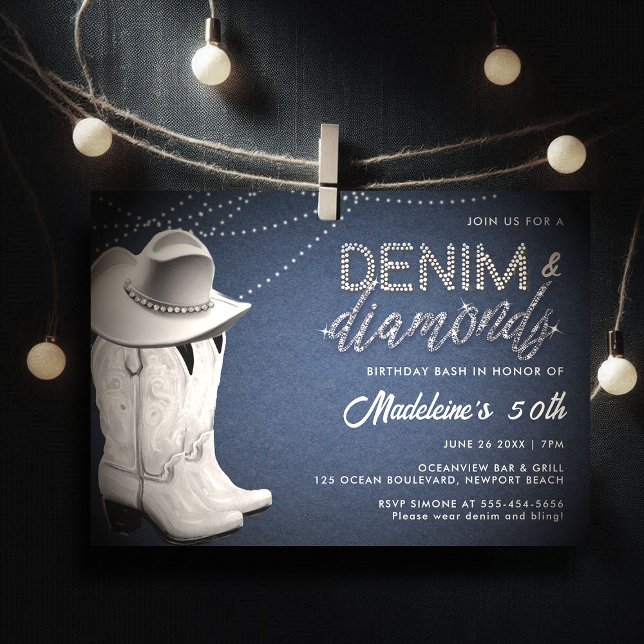 Denim Diamonds Rustic Glam Hat Boots 50th Birthday Invitation (denim diamonds 50th birthday invitation for women elegant classy rustic glam cowgirl boots hat bling)