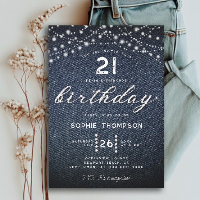 Denim Diamonds Rustic Lights 21st Birthday Invitation (RUSTIC LIGHTS 21ST BIRTHDAY INVITATION FOR WOMEN ELEGANT RHINESTONES CALLIGRAPHY BOHO GLITTER MODERN)