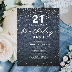 Denim Diamonds Rustic Lights 21st Birthday Party Invitation