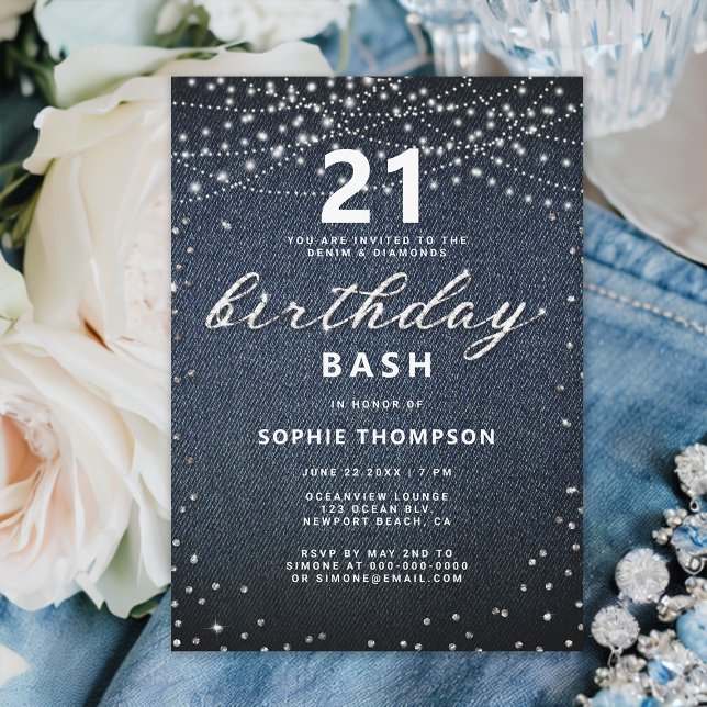 Denim Diamonds Rustic Lights 21st Birthday Party Invitation (denim and diamonds 21st birthday invitation for girls rustic lights simple modern classy elegant)