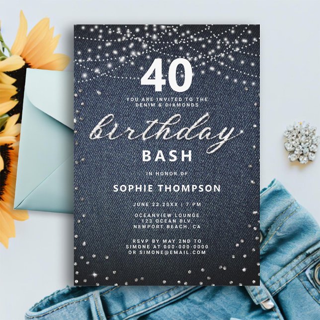 Denim Diamonds Rustic Lights 40th Birthday Party Invitation (denim diamonds 40th birthday invitation for women elegant modern rustic lights classy rhinestones)