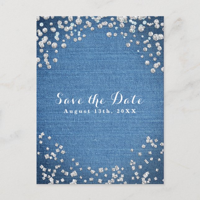Denim & Diamonds Scattered Bling Save the Date Announcement Postcard (Front)