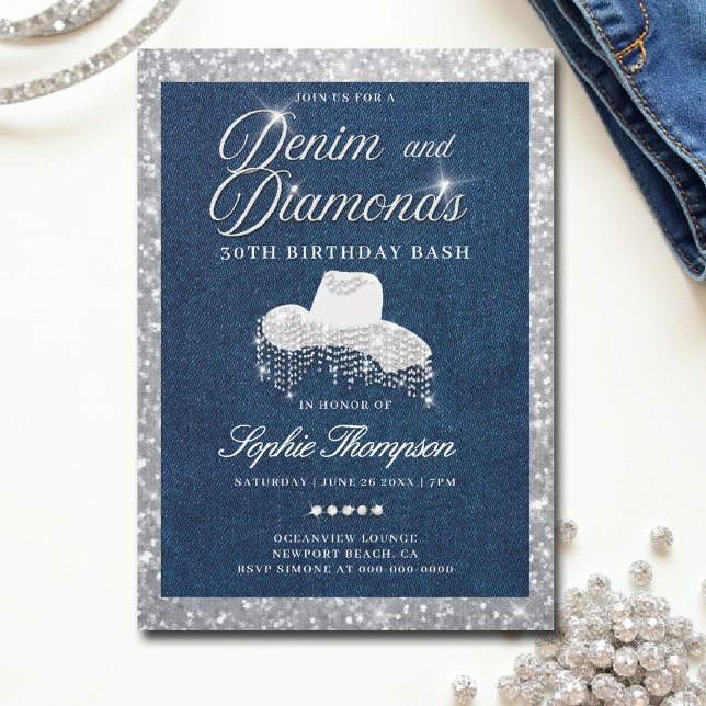 Denim Diamonds Script Bling 30th Birthday Party Invitation (denim and diamonds invitations 30th 50th sweet 16 elegant classy blue white bling script frame)