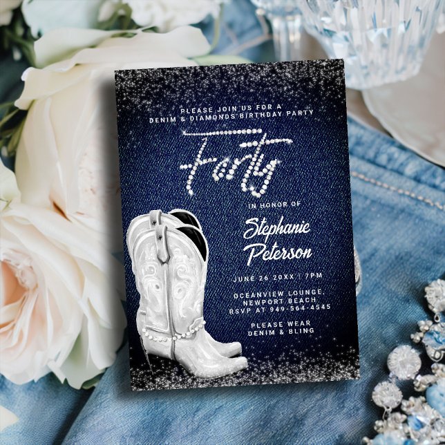 Denim Diamonds Script Cowgirl Boots 40th Birthday Invitation (denim and diamonds birthday party for women 40th classy bling cowboy cowgirl boots blue white rustic)
