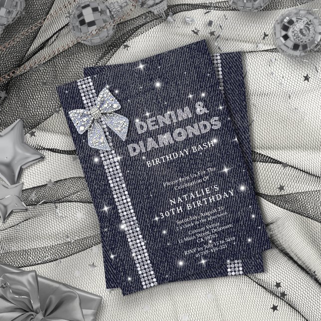 Denim & Diamonds Sparkling Navy Bow Birthday Party Invitation (Denim & Diamonds Sparkling Navy Bow Birthday Party Invitation)
