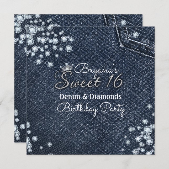 Denim & Diamonds Sweet 16 Crown Party Invitations (Front/Back)