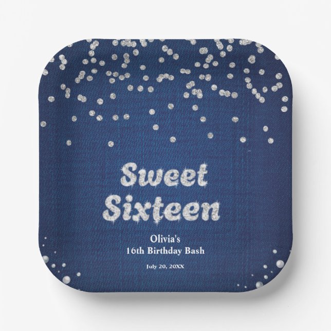 Denim & Diamonds Sweet Sixteen 16th Birthday  Paper Plate (Front)