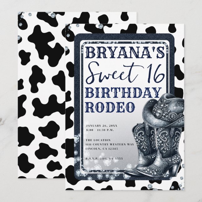 Denim & Diamonds Western Glam Cowgirl Sweet 16 Invitation (Front/Back)