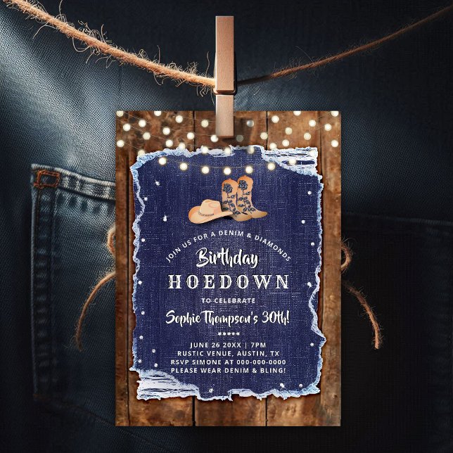Denim Diamonds Western Rustic Hoedown Birthday Invitation (denim diamonds birthday party hoedown invitation rustic wood blue white cowgirl boots hat lights)