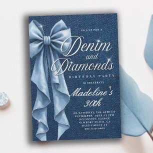 Denim Diamonds White Blue Bow Glam 30th Birthday Invitation