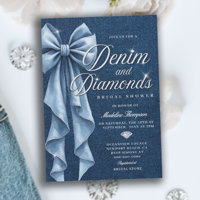 Denim Diamonds White Blue Bow Glam Bridal Shower Invitation (denim and diamonds bridal shower invitation blue white bow bling sparkles classy)