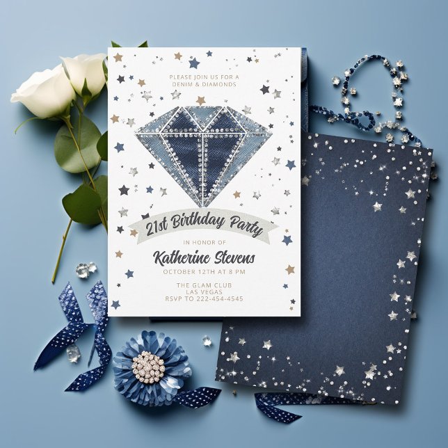 Denim Diamonds White Blue Glitter 21st Birthday Invitation (denim diamonds 21st birthday party invitation women white blue jeans rhinestones glitter stars class)